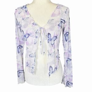 Arizona Jeans Co Sheer Tie Front Top Women's Butterflies Blue Purple Fairycore